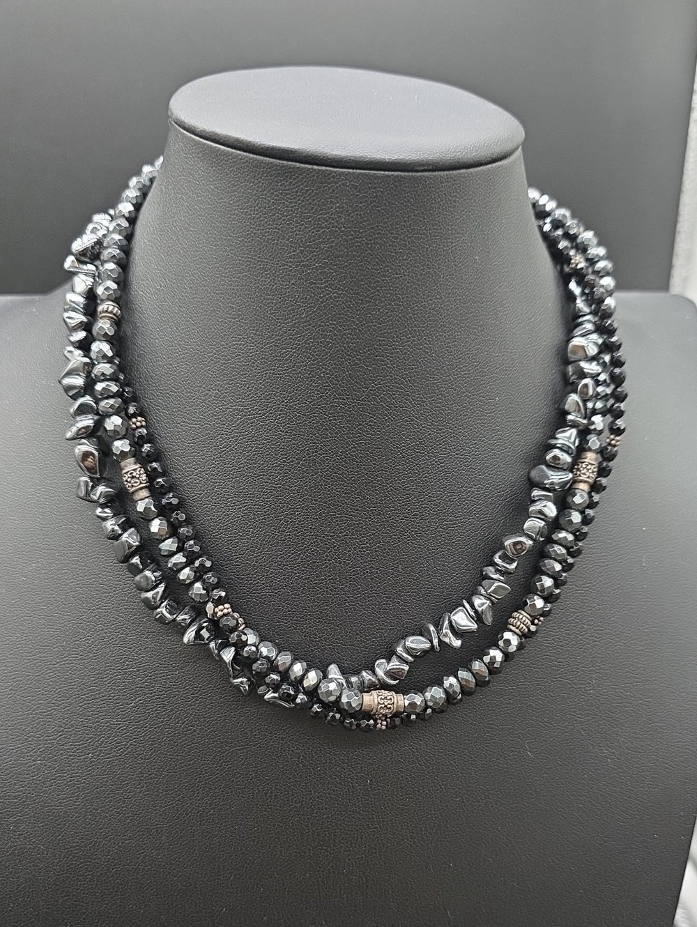 Multi-Strand Black Hematite and sterling Bead Necklace - Women Jewelry